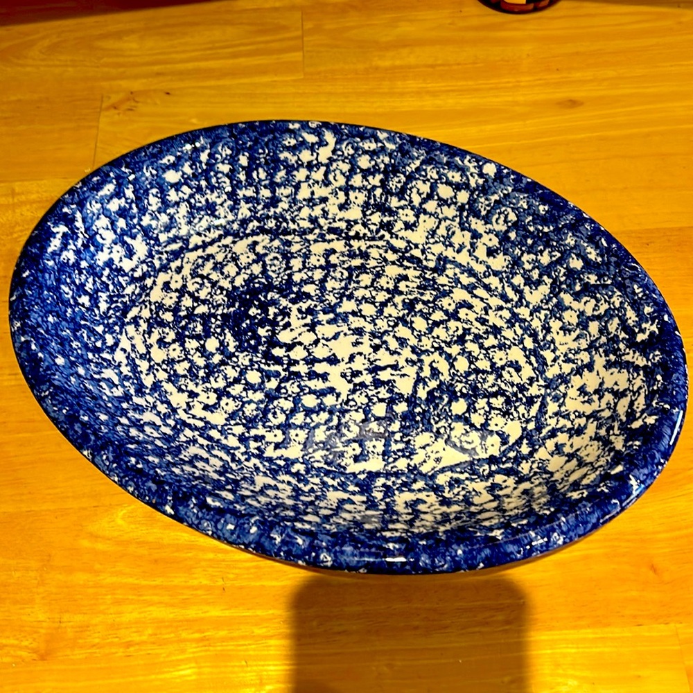 Roma Inc Blue/White Spongeware Oval Plate Platter, Vintage Hand Painted in Italy